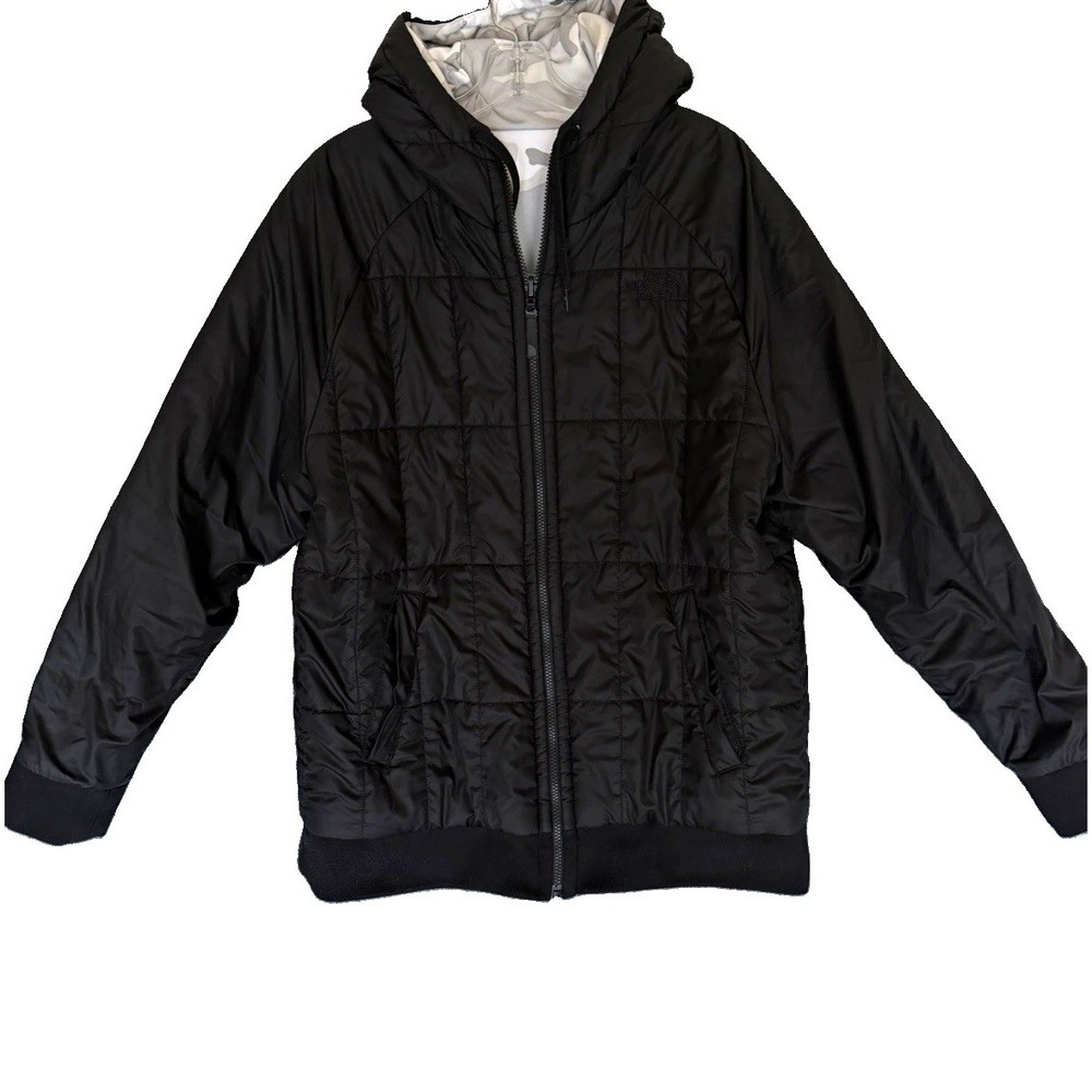 Mens L The North Face, Black, Quilted Hooded Camo Lining Zip Up